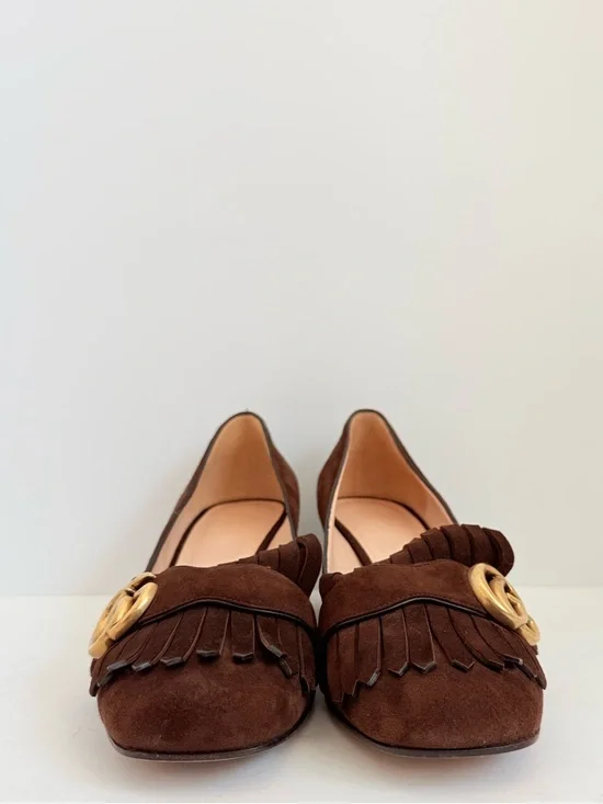 Gucci Dark Chocolate Brown Marmont GG fringe 55mm block heel Loafer pumps EU38.5 - Picture 7 of 11